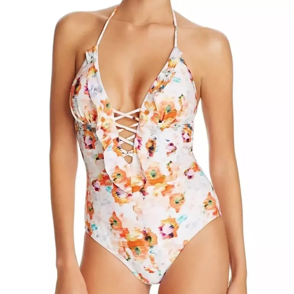 Shoshanna Deep V Halter One Piece Lace Up Swimsuit Bathing Suit Size 6 $230